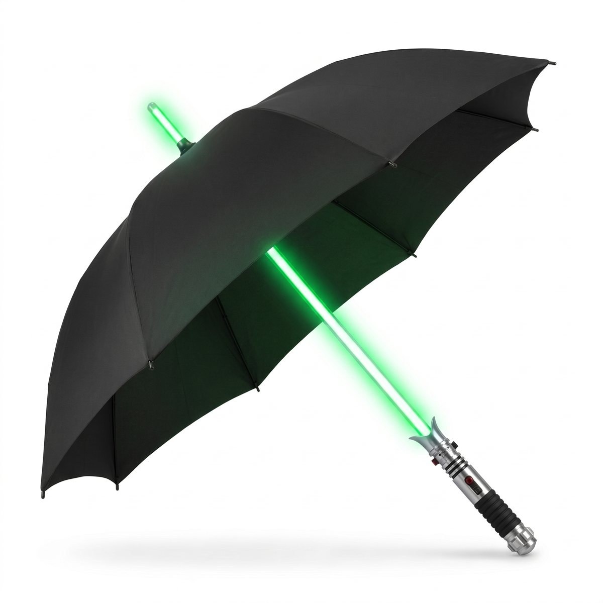 SaberUmbrella lit up green in the rain